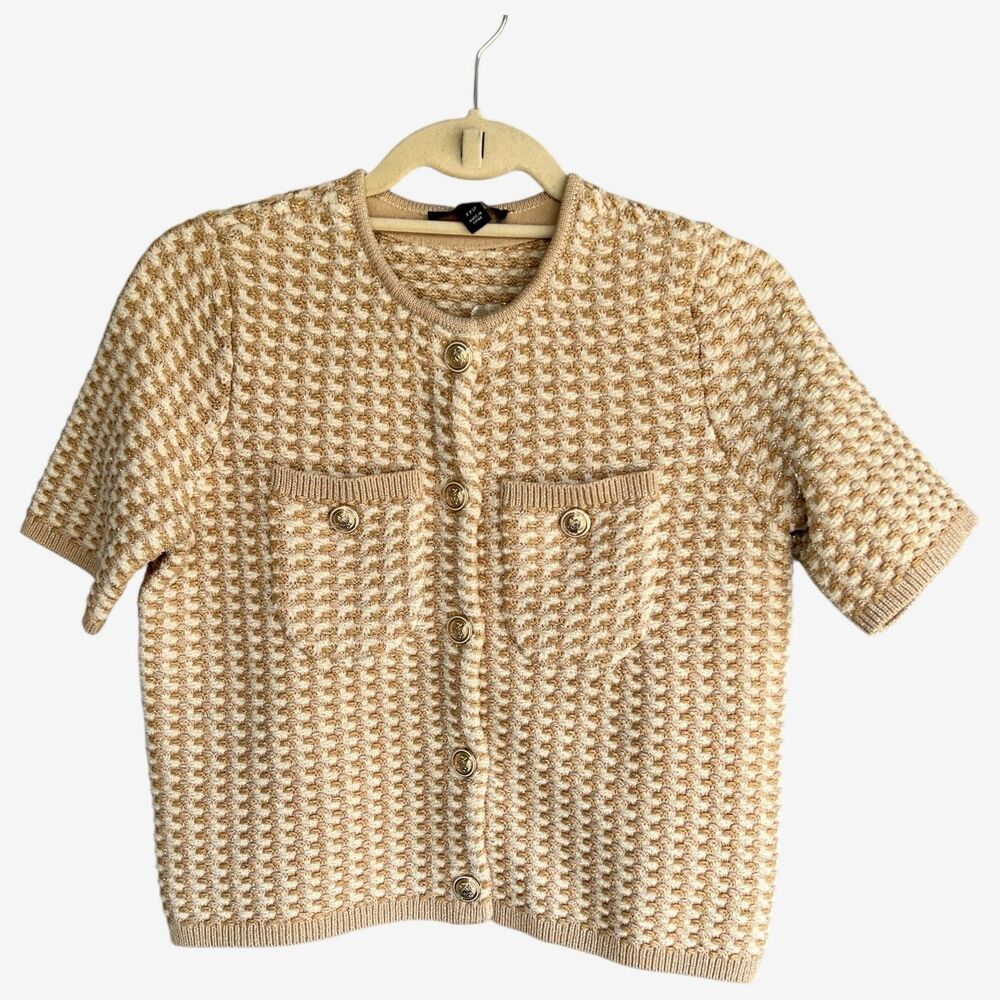 Ann Taylor Shimmer Tweedy Short Sleeve Jacket gold buttons XXSP or 0